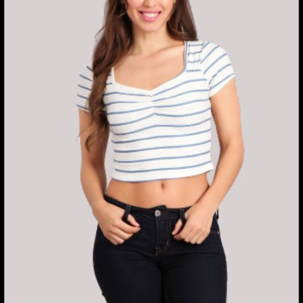 BLVD - NEW Crop Top White Blue Stripe Ruche Front NWT M L